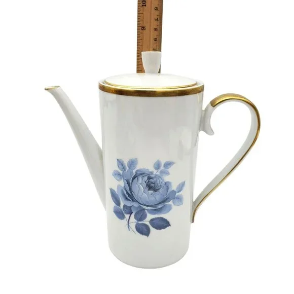 1940s Hackefors Porslin Sweden Coffee‎ Pot Teapot Set Demitasse Blue Floral Gold
